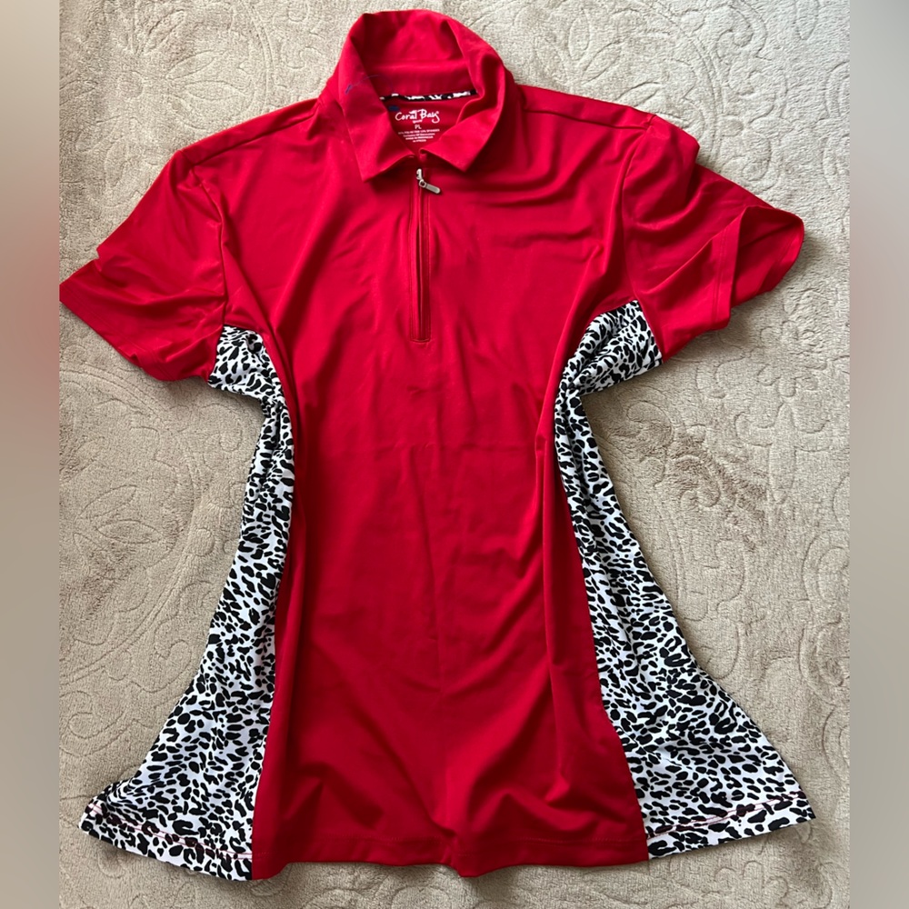 Red top with cheetah print.